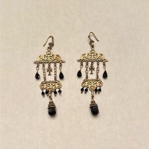 Gold metal gothic Victorian chandelier earrings with black beads and small cross